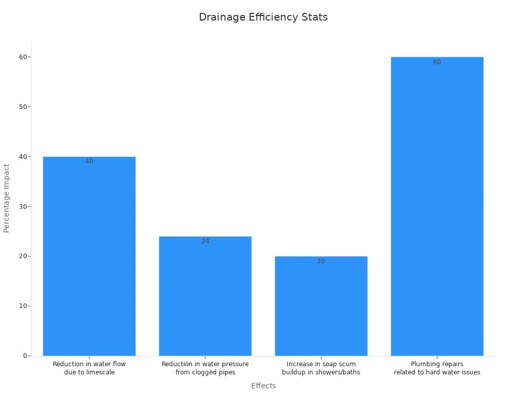 Bar chart showing drainage impact percentages due to soap scum and hard water deposits